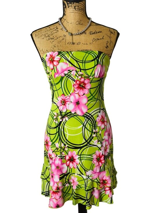 Rhapsody Dresses & Skirts - Vtg Rhapsody S Strapless Mini Dress Y2K Floral Ruffled Green Pink Festive Coquet